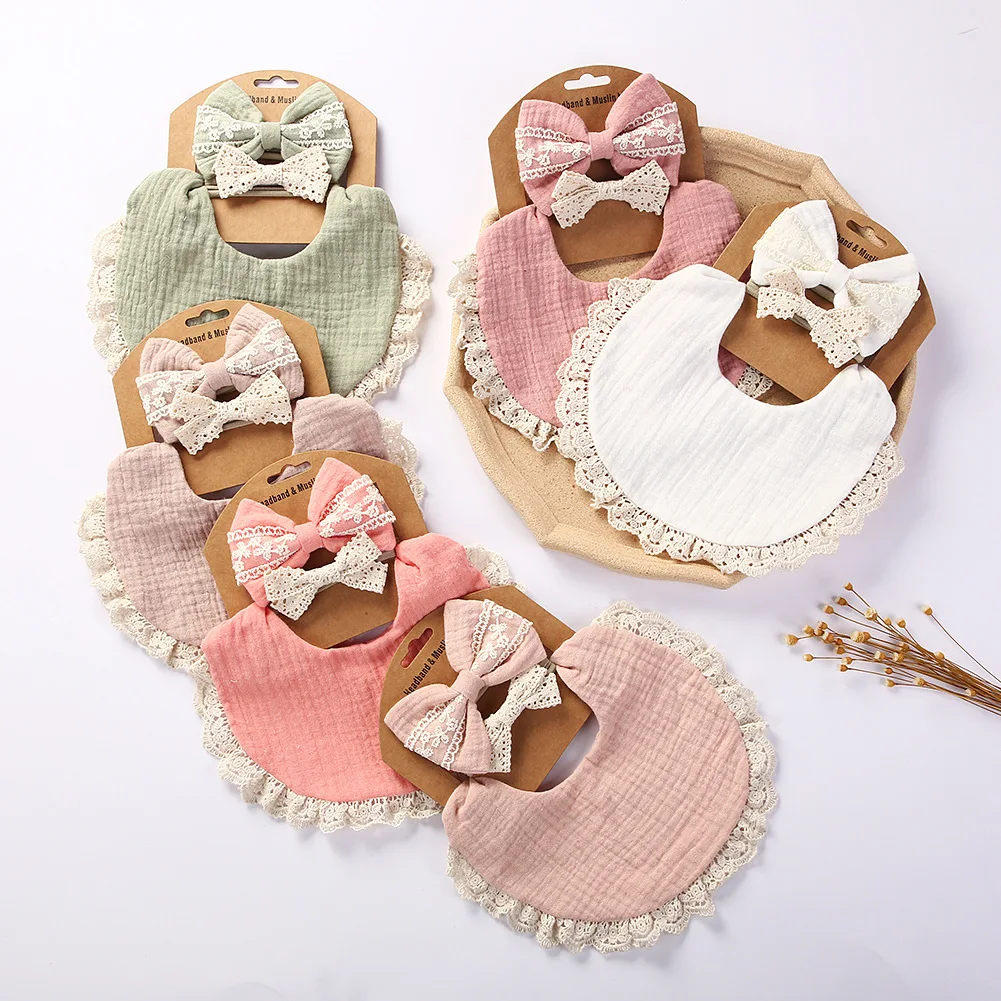 

Baby Drooling Or Teething Bibs Muslin Material Cotton Baby Bibs Set Ins Baby Bibs With Headband Set, Picture shows