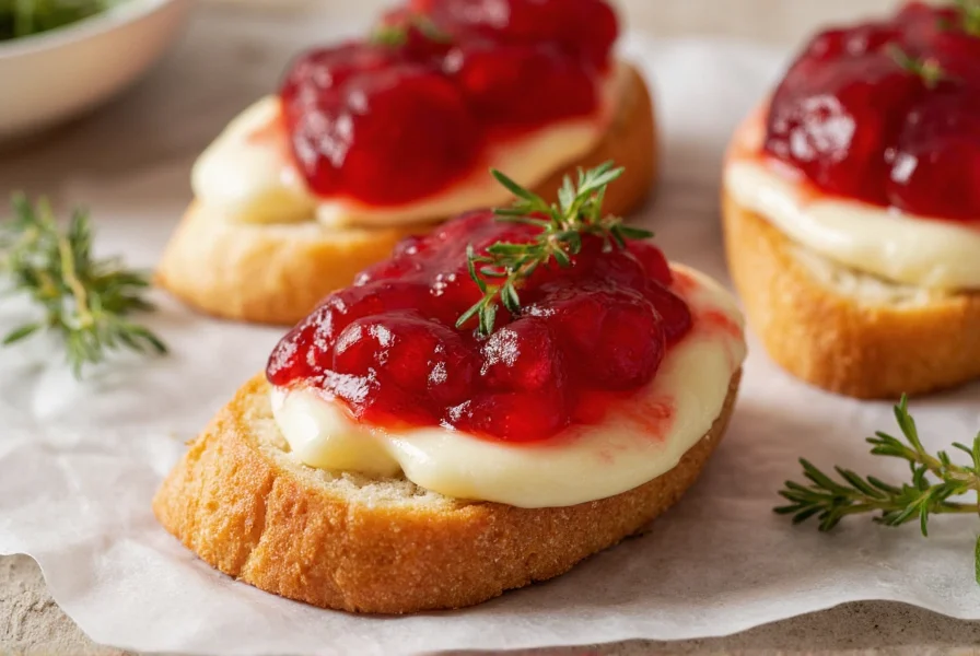 Close-up of raspberry pepper jelly being spread on a cheese crostini with fresh herbs