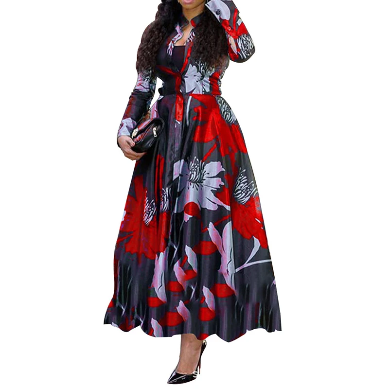 

2021 Ebay Wish New Arrivals Women Long Sleeve Printed Dress A-Line Floral Tropical Maxi Dress, Red, green, purple,blue