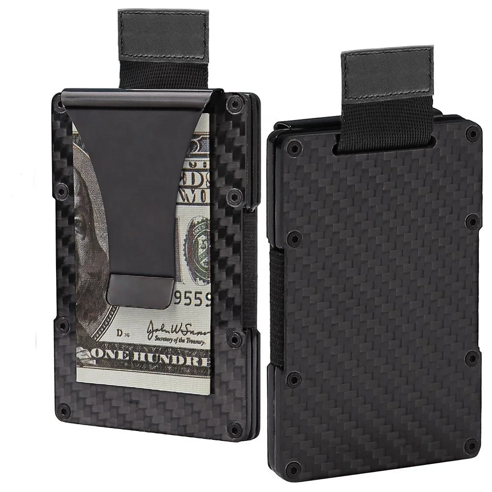 

Minimalist RFID Blocking Money Clip Wallet Carbon Fiber Card Holder with Pull Tab, Black