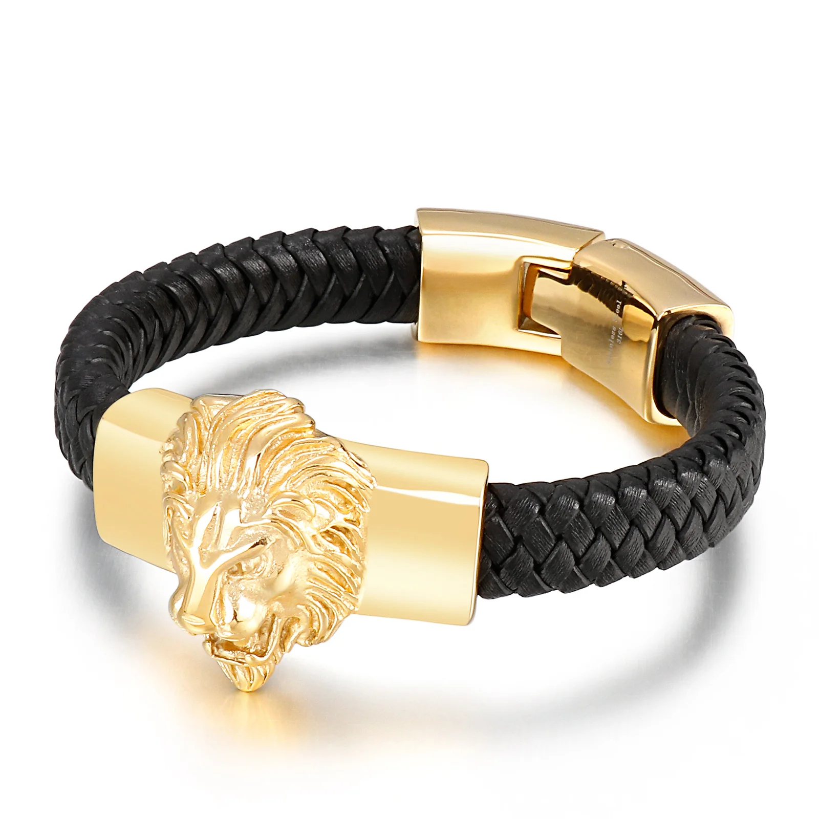 

KALEN Lion Head Stainless Steel Bracelet Men Black Cowhide Leather Bracelets Jewelry