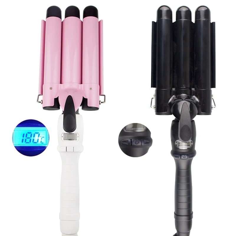 

High Quality Deep Wave Private Label Hair Curler 100% Ceramic Tourmaline 3 Barrels Curling Iron Styling Tools Crimp Hair Iron, Pink