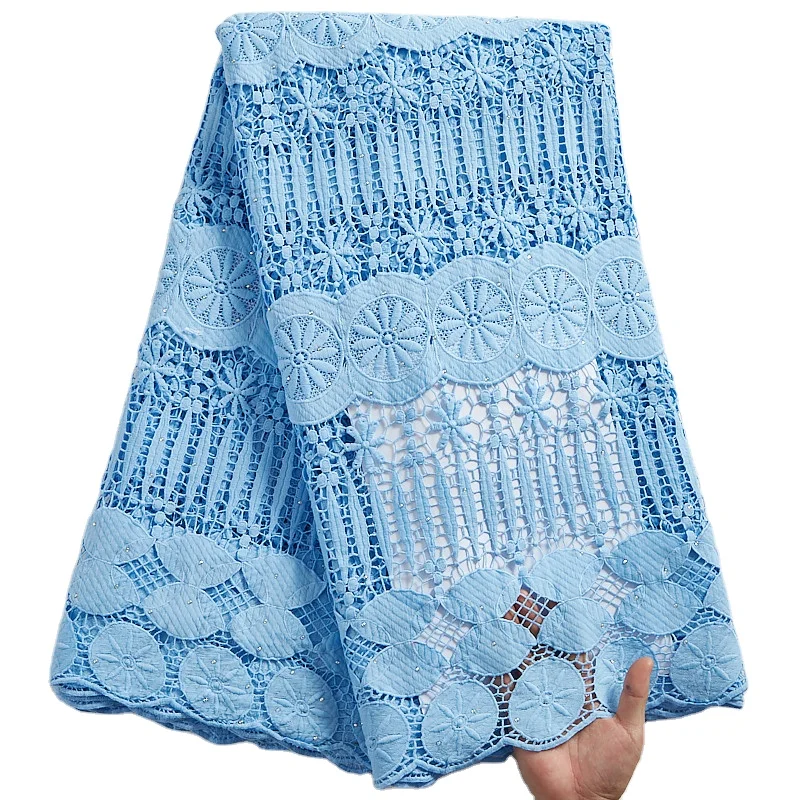 

2316 Nigerian Lace Fabric 2021 Sky Blue Guipure Lace Fabrics With Stones Embroidery Cord Lace Fabric Party Dress, Shown
