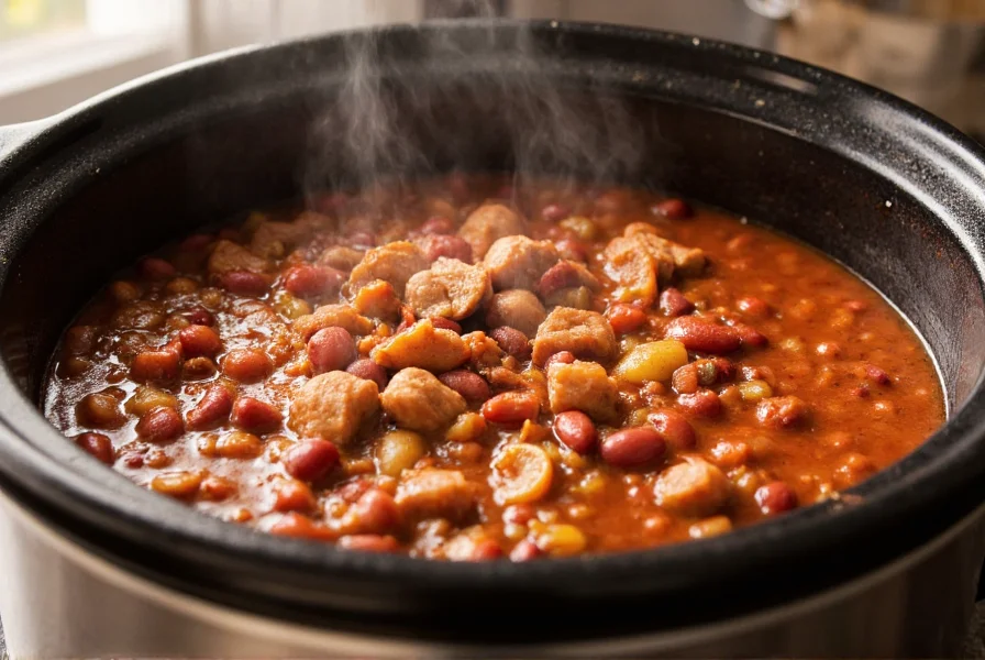 Slow cooker filled with rich, steaming turkey chili showing tender turkey pieces, beans, and vibrant red color with steam rising