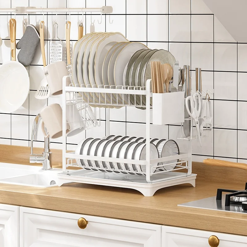 

Detachable New products White 2 tier tableware storage holder large capacity kitchen drain over the sink dish drainer rack