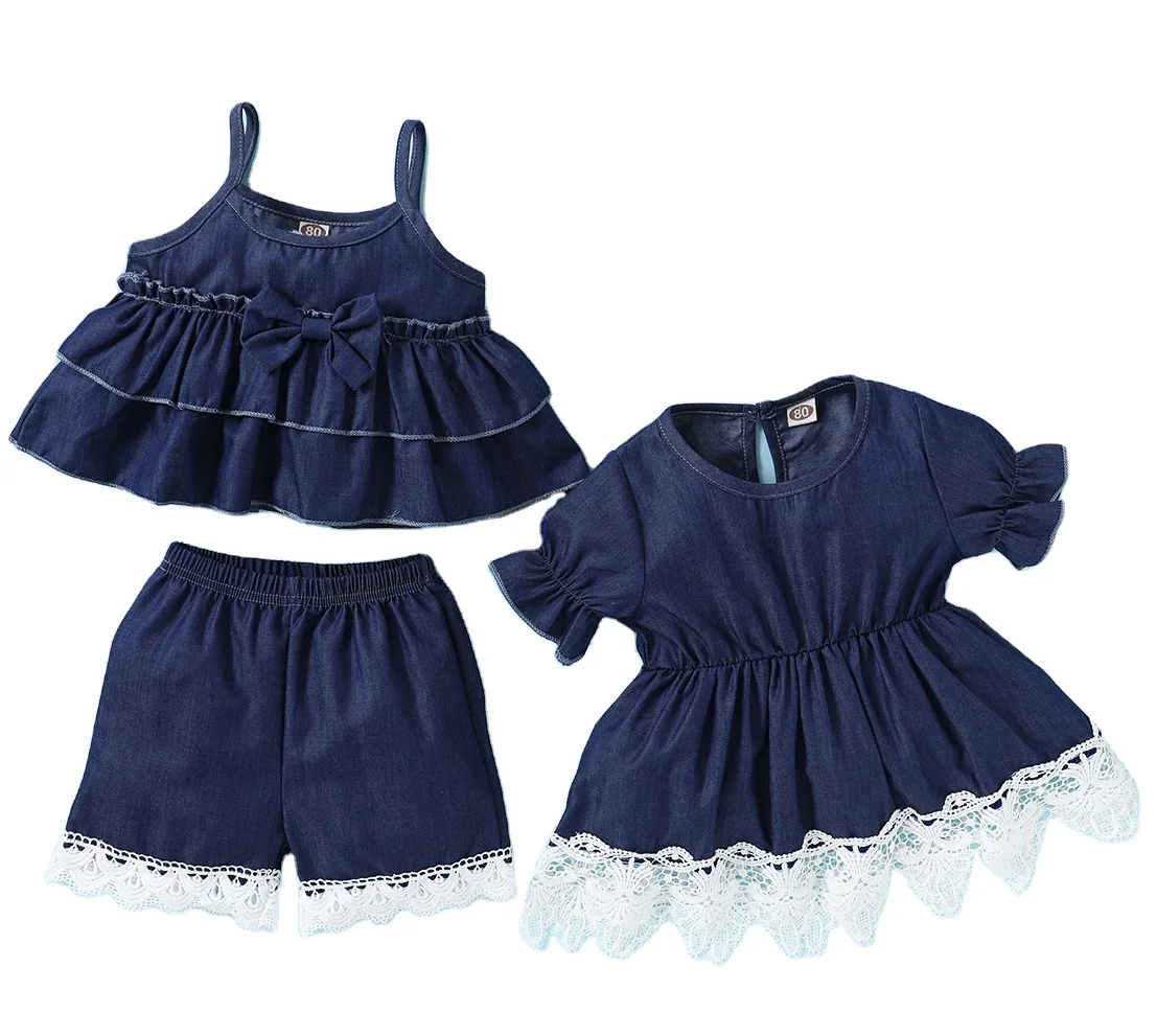 

rts Beautiful Infant Children Sisters Denim Sling Suit Dress navy blue kids clothing set summer new