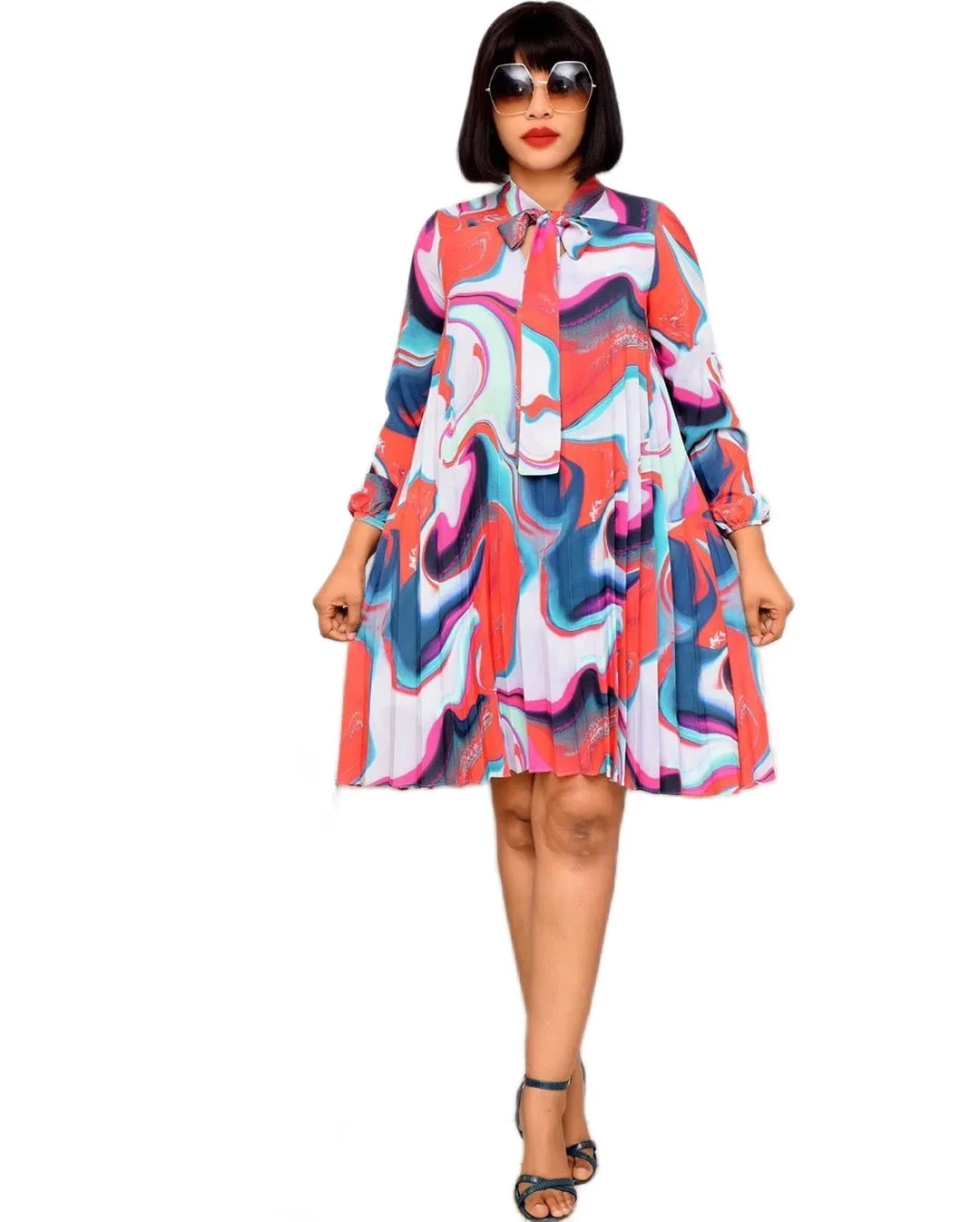 

WW-0676 Bigger Sizes Printed V-neck With Nine Points Sleeve Pleated Skirt Dress Plus Size African Printed Dress, As your request