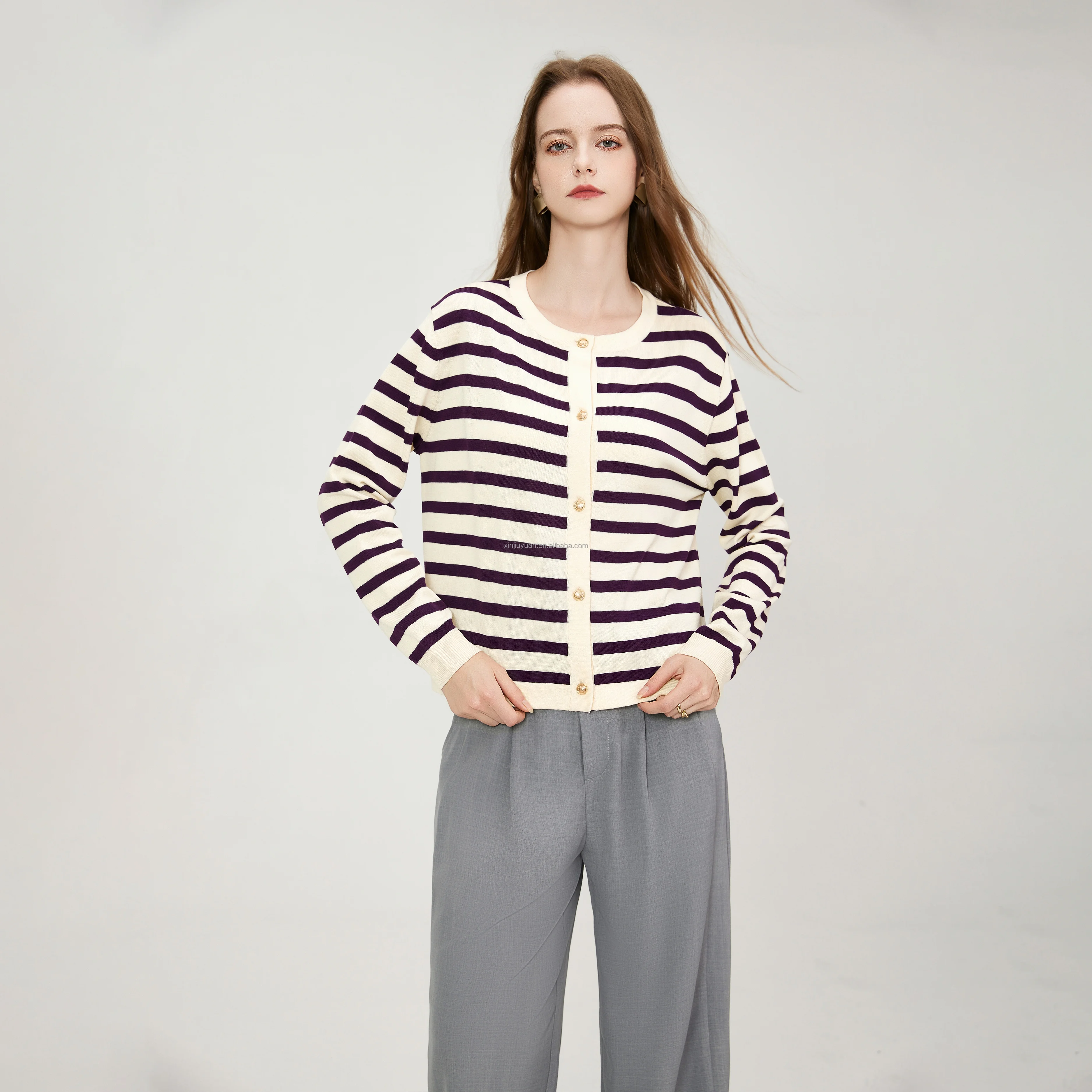 Women's Striped Cardigan Knitted Gold Button O-Neck Sweater with Pocket Cut Knitted Women's Casual Jacket Coat
