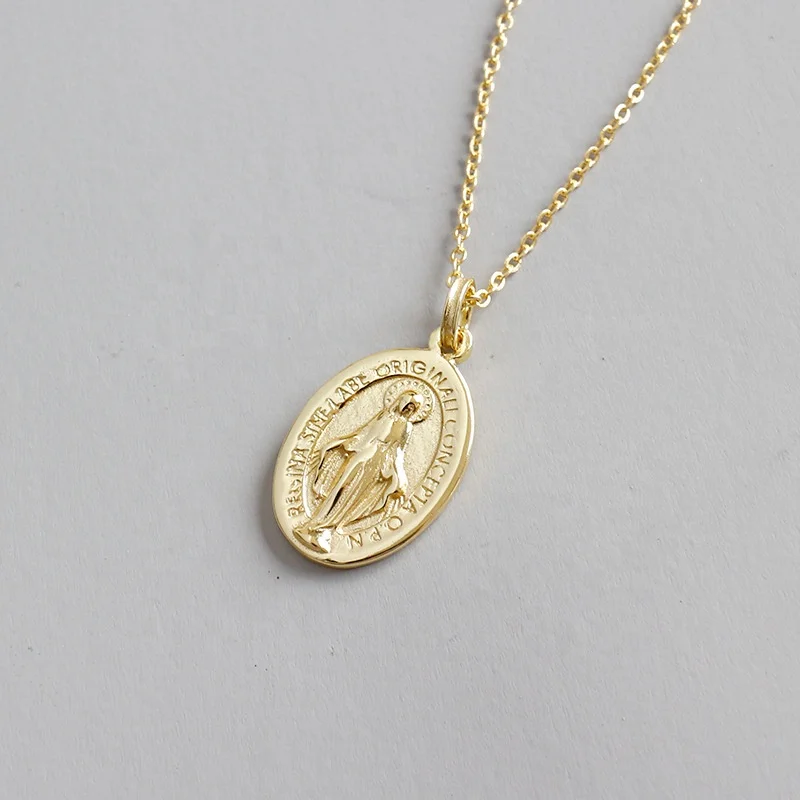 

Fashion Clothing Accessories Jewelry Vintage Golden Virgin Mary Coin Pendant Necklace Real Gold Plated Sterling Silver Choker