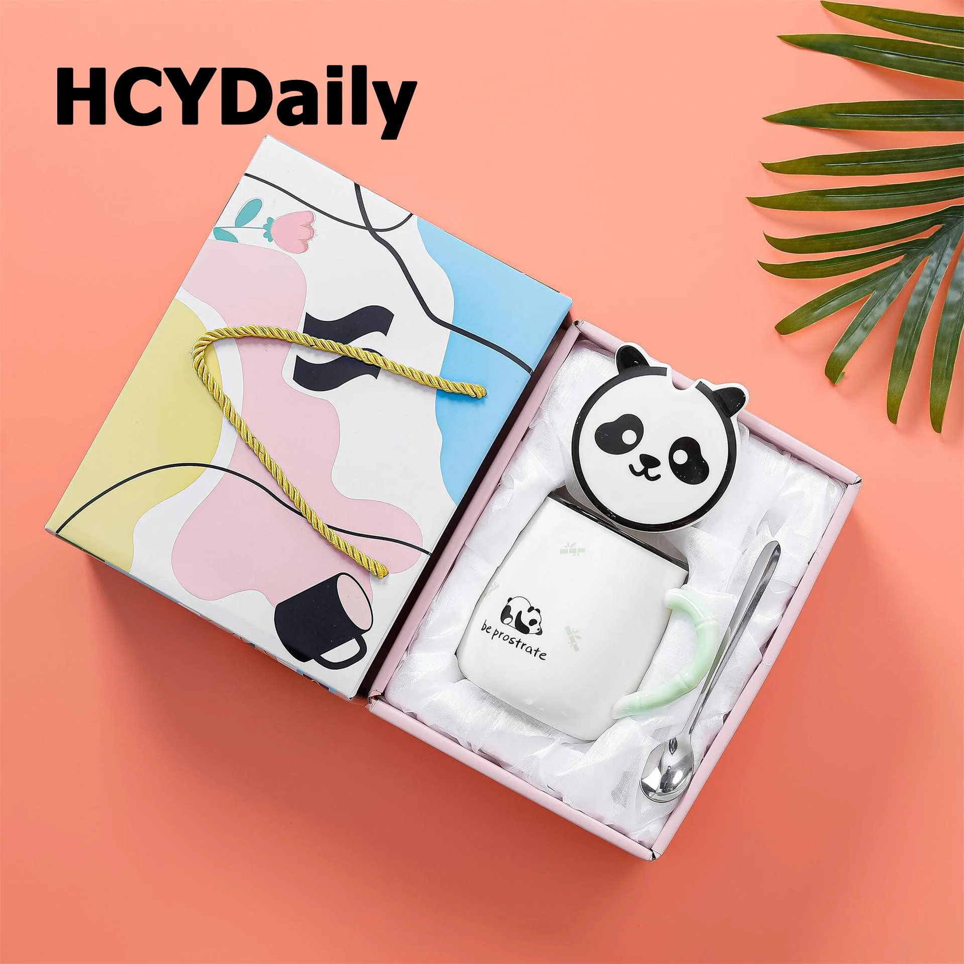 

Hot Selling Cute Lovely Chinese Lazy Panda Ceramic Coffee mugs cups with Lid And Spoon