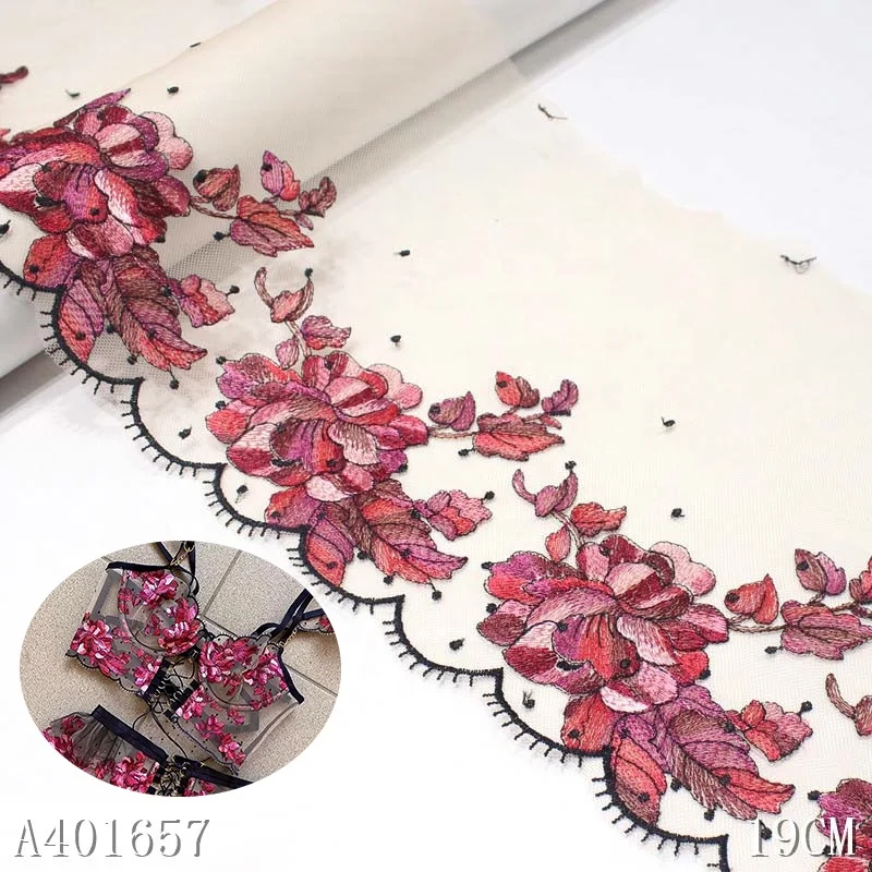 OEM 3D Embroidered Lace Trim 19CM Beige Colorful Embroidery Border Lace Trim Mesh Fabrics Lace for Women Dress