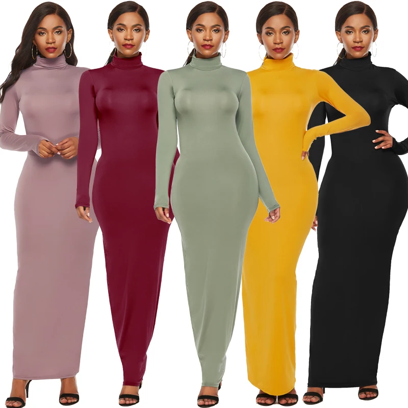 

Ladies Casual Elegant Sexy Hip Wrapped Dress Women Tight Fitted Pullover Dress Turtleneck Bodycon Maxi Dress, Morandi purple,yellow,pea green,black,burgundy