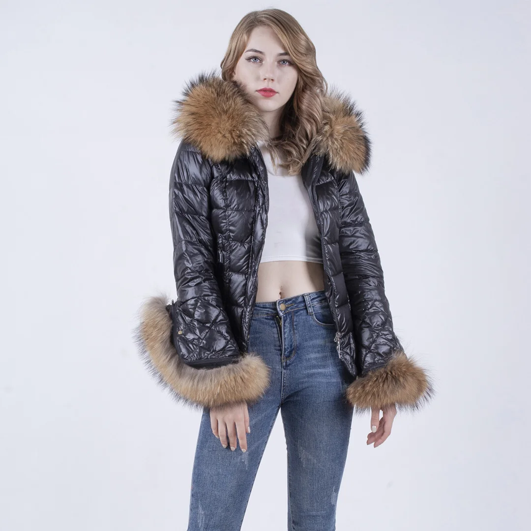 

Custom Winter Natural Raccoon Fur Collar Women Down Jacket, 4 colors