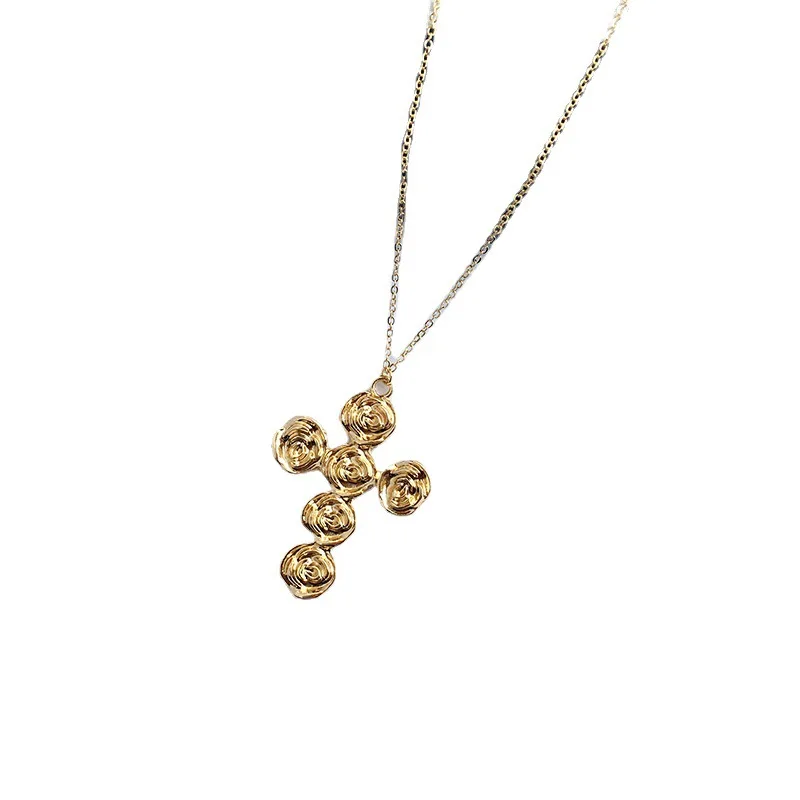 

Minimal Women Jewelry Rose Flower Metal Vintage Necklace Crucifix Shape Necklace, Gold color ,silver color