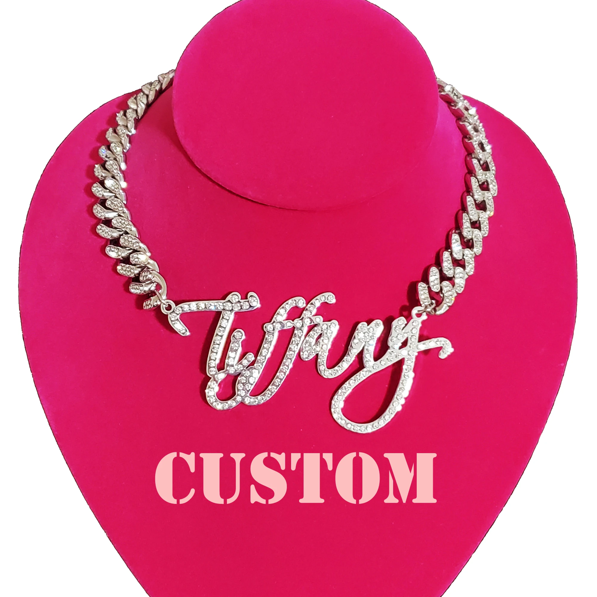 

Instagram Hot Popular Women Custom Jewelry Gift Cuban Chain Nameplat Pendant Necklace Custom Name Plate Choker Bling Accessories
