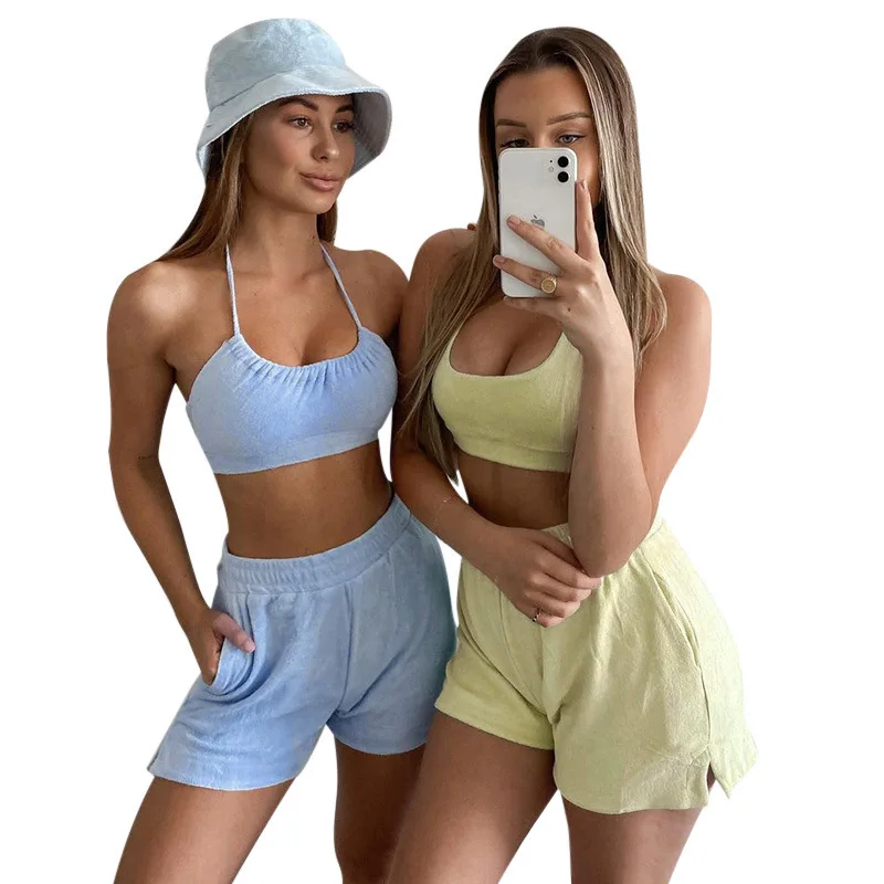 

Summer Women 2 Piece Cotton Sexy Backless Crop Halter Top And Shorts Set, Picture