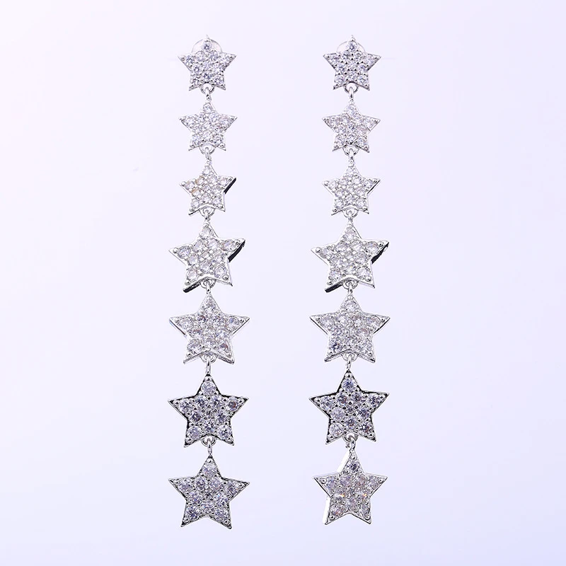 

Blues RTS New arrival copper bling iced out zircon star crystal dangle earrings, Silver