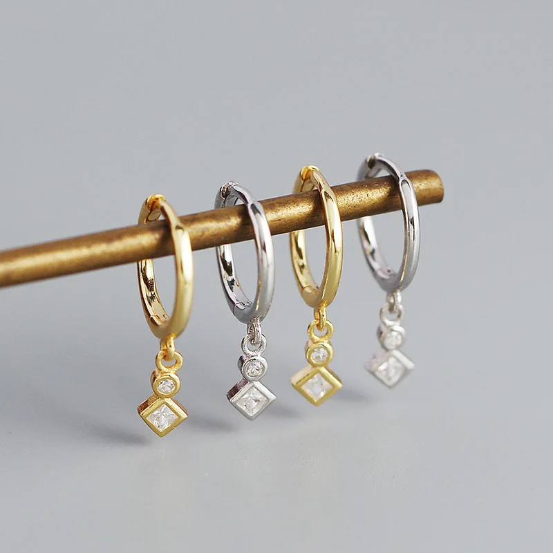 NEW Best Selling 925 Sterling Silver Square Cz Zircon Dangle 18k Gold Plated Minimalist Hoop Earring for Women