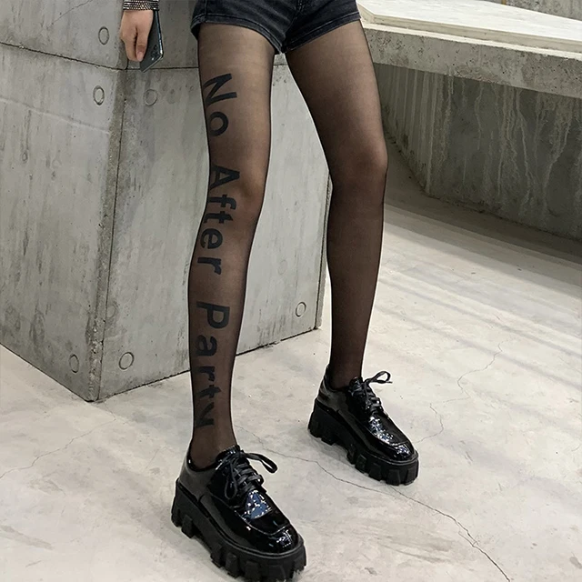 

New Sexy Print Women Tattoo Tights Socks No After Party Black Letters Printed Pantyhose Silk Stockings