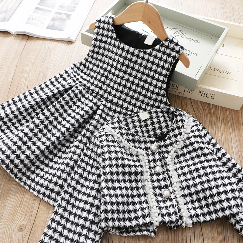 

2022y53 winter princess little baby girls' dresses plaid with coat jacket fashion worm kids fall clothing wholesale