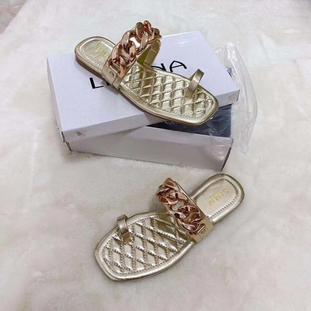 

2021 New Hot Summer Chain Sandals Flat Heel Open Toe Women Slippers