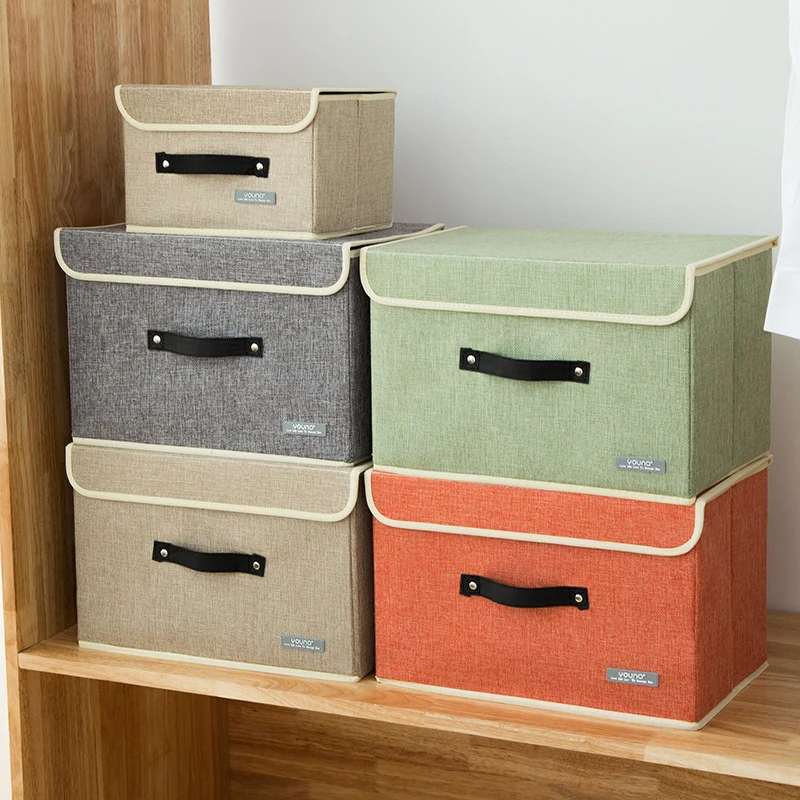 

New Design Stackable Cotton Linen Foldable Storage Box with Buckle Cover And Handle, Gray/green/apricot/red