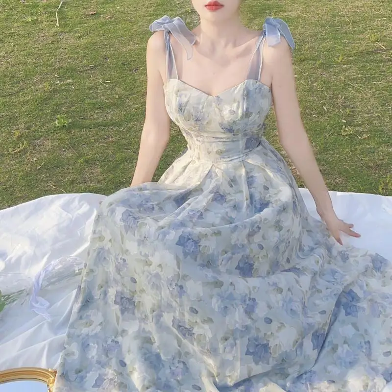 

2022 new Trend elegant Sweet flower girls dress Summer Aglet Floral Print French women clothing Backless sling Long Dress