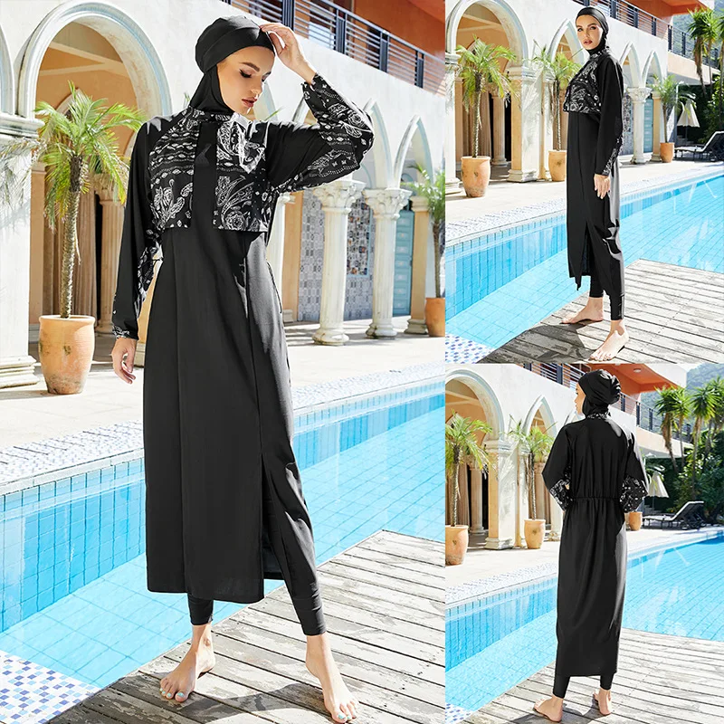 

Muslim Women Swimwear Modest Patchwork Hijab Long Sleeves Sport Swimsuit 3 Pieces Set Islamic Burkinis Wear Bathing Swim Suit, As picture shown