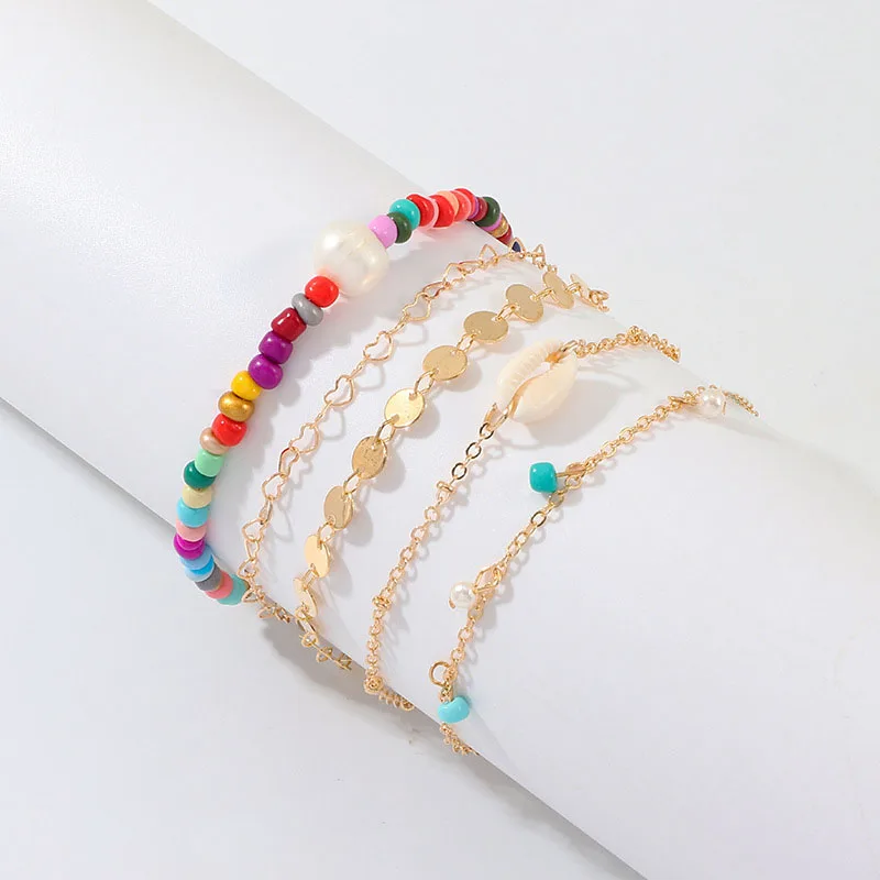 

Boho Multilayer Color Beads Turquoise Drop Sequin Charm  Anklets Sets, Silver/gold