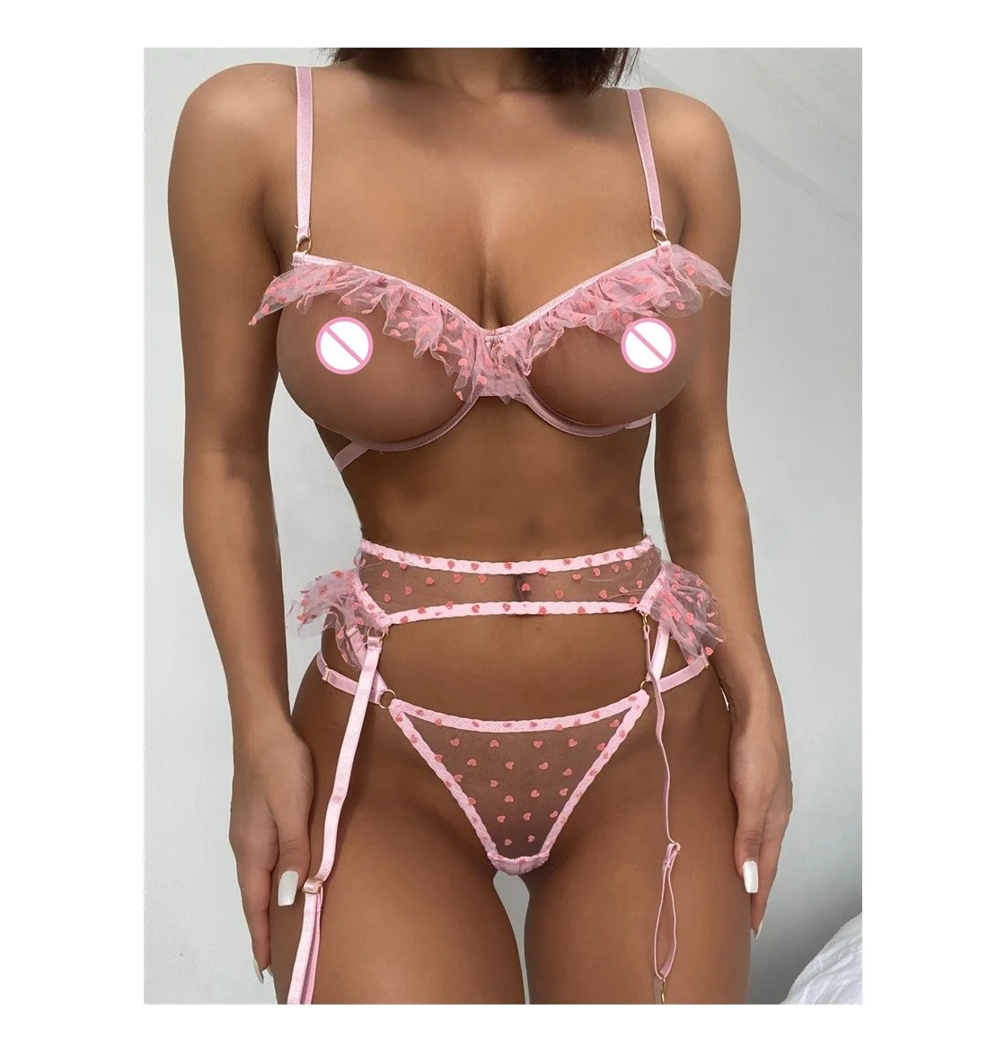 

New women Sexy high quality hollow out sexy lingerie showing nipples sexy panty and bra with belt, Custom