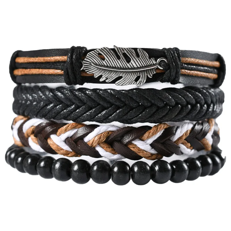 

Wholesale Men Punk Hand-Woven Rope Leather Bracelet Four-Piece Beaded Feather Bracelet Diy Jewelry, Golden