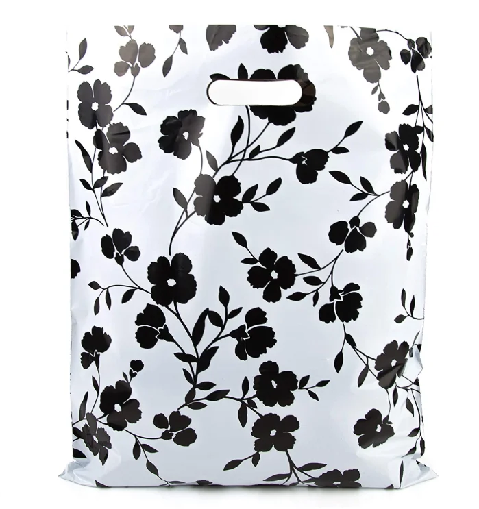 Biodegradable Plastic Merchandise Bags Black Floral Glossy Retail Shopping Bags For Boutique
