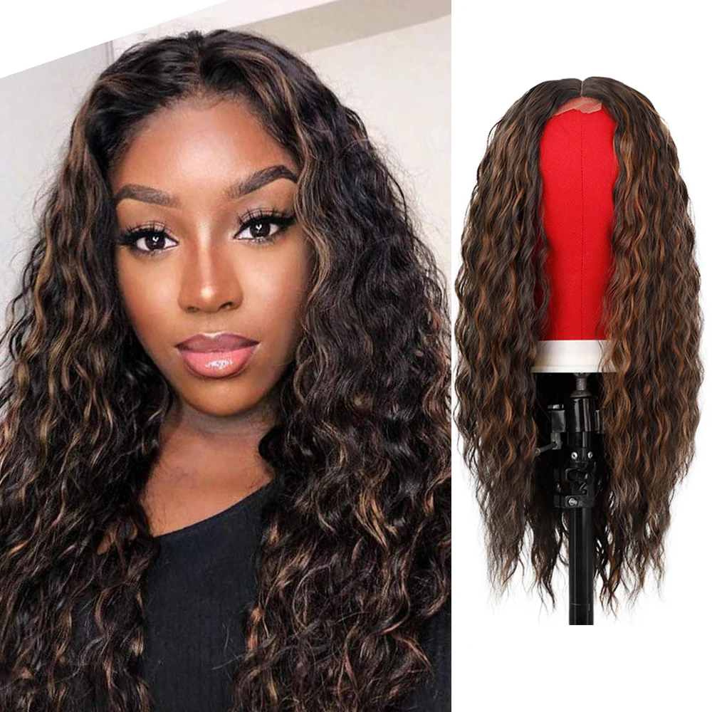 

High Quality Hot Sale Cheap Nature Lace Front Highlights Brown Long Fiber Wig Extension Kinky Curly Wavy Synthetic Hair Wigs