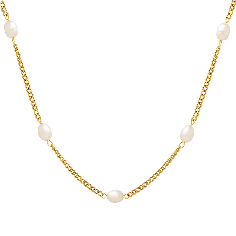 

JOOLIM Ready To Ship High End 18k Gold Plated Stainless Steel Fresh Water Pearl Satellite Curb Chain Necklace