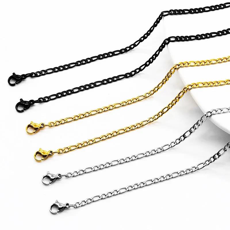

Hot Sale High Polishing Cheap Women 3mm Figaro Chain Necklace Choker Stainless Steel 14K 18K Gold Plated Necklace Chain Jewelry, Silver , gold plated, rose gold