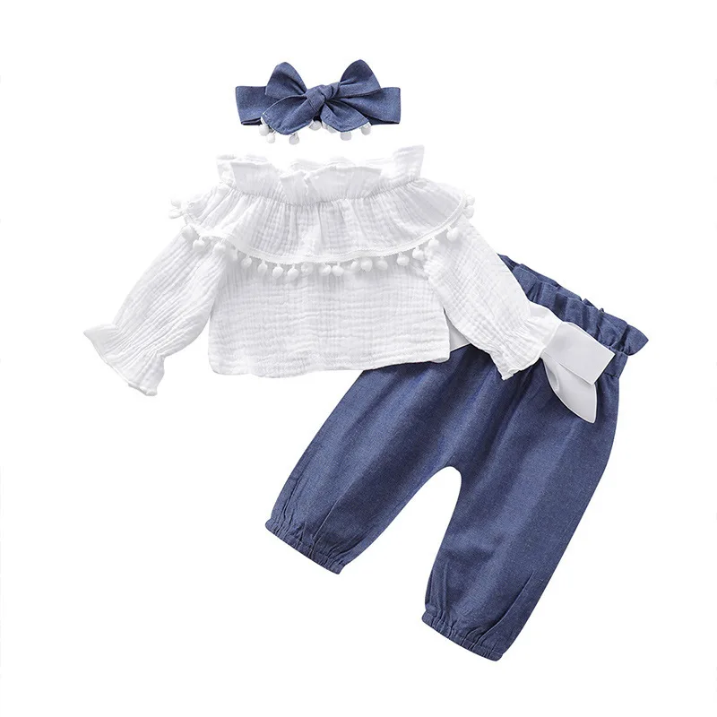 

2979 Autumn Toddler Newborn Baby Girl Summer Cotton Clothes Off Shoulder Tops+ Pants 3Pcs+Headband Outfits Set 0-24M