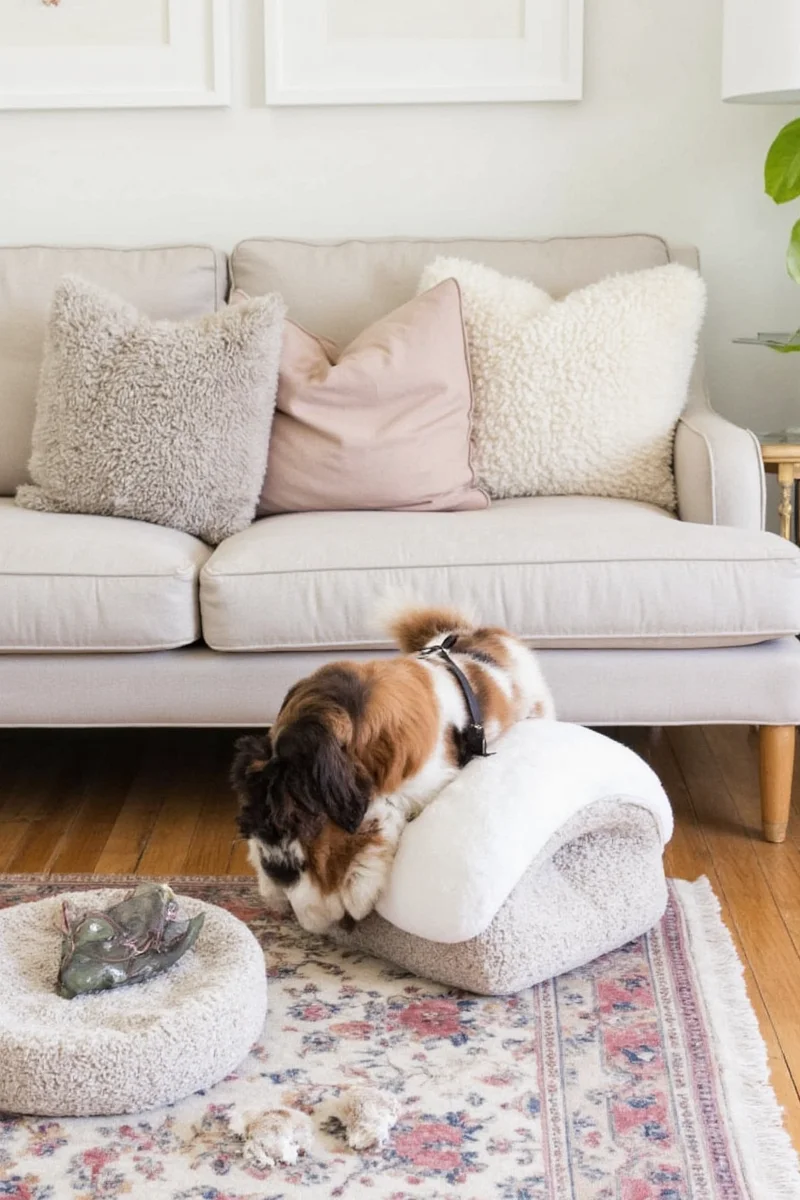 Close-up shot of a pet slipcover showing navy piping trim around the seat cushion. The detail adds a refined designer touch.