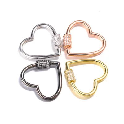 

2021 DIY Cubic Zirconia Heart Clasp Rose Gold Screw Zircon Heart Connector For Necklace, Silver, gold, rose gold, black