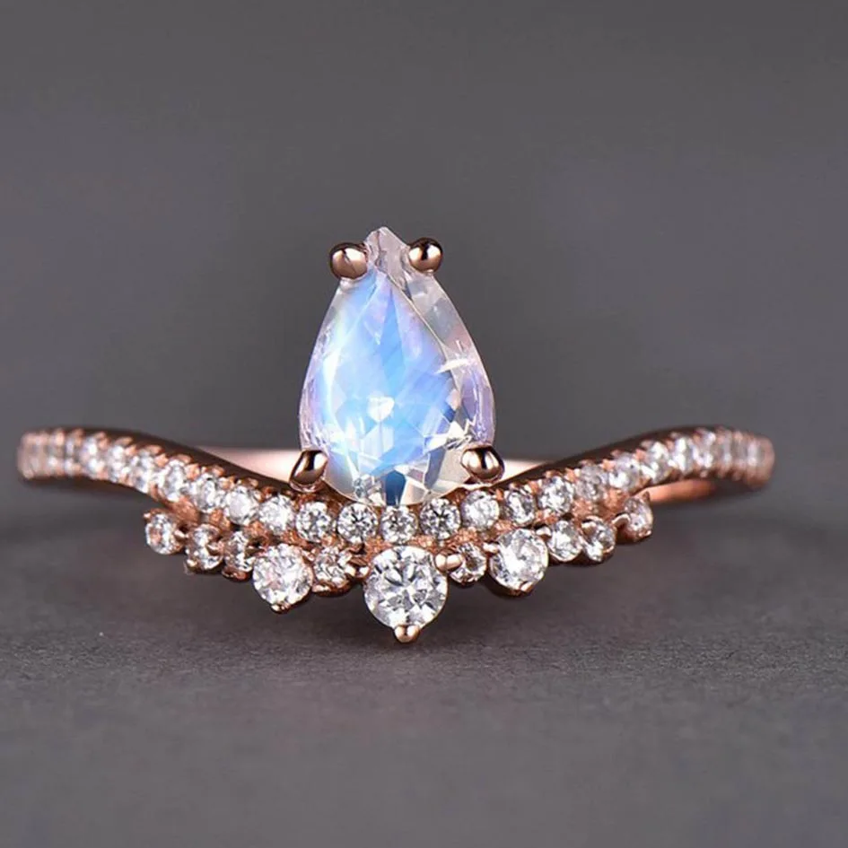 

14K Rose Gold Diamond Natural Moonstone Wedding Band Dainty Ring Fine Jewelry