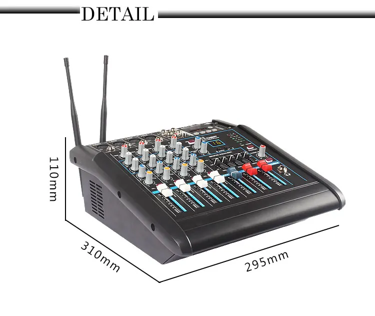 Professional build-in power amplifier 4 channel audio mixer with wireless microphone