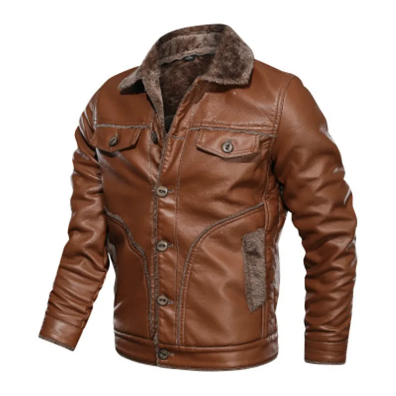 

Winter plus size fur coat men's lapel plus cashmere men's casual PU leather jacket
