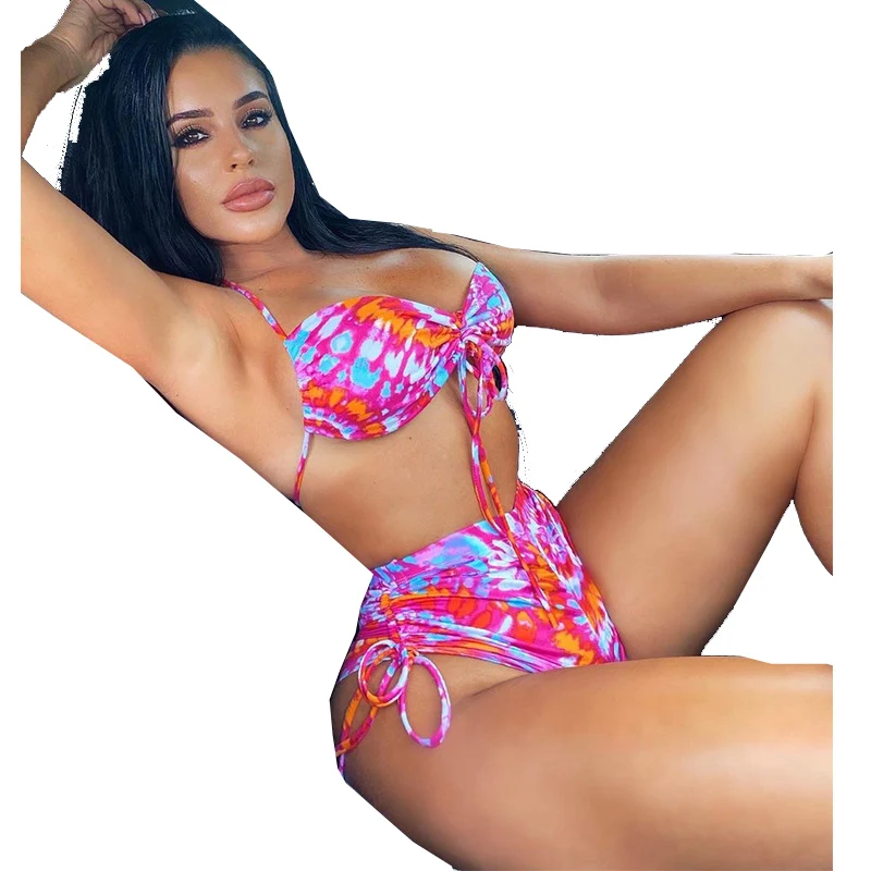 

Tie Dye Bikini Set tie side 2021 New Summer Sexy Backless Strappy Woman Thongs 2-piece Swimsuit Costume High Waist Swimsuit