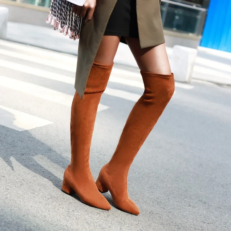

Women Pull on OverKnee High Boots Skintight Stretch Suede Boots Ladies Low Chunky Heels Long Thigh High Boots, Black yellow red