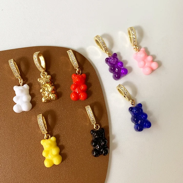 

Wholesale Cartoon Resin Gummy Bear Charms pendant Animal Colorful Copper ring with diamond women Jewelry Making Accessories, As shown