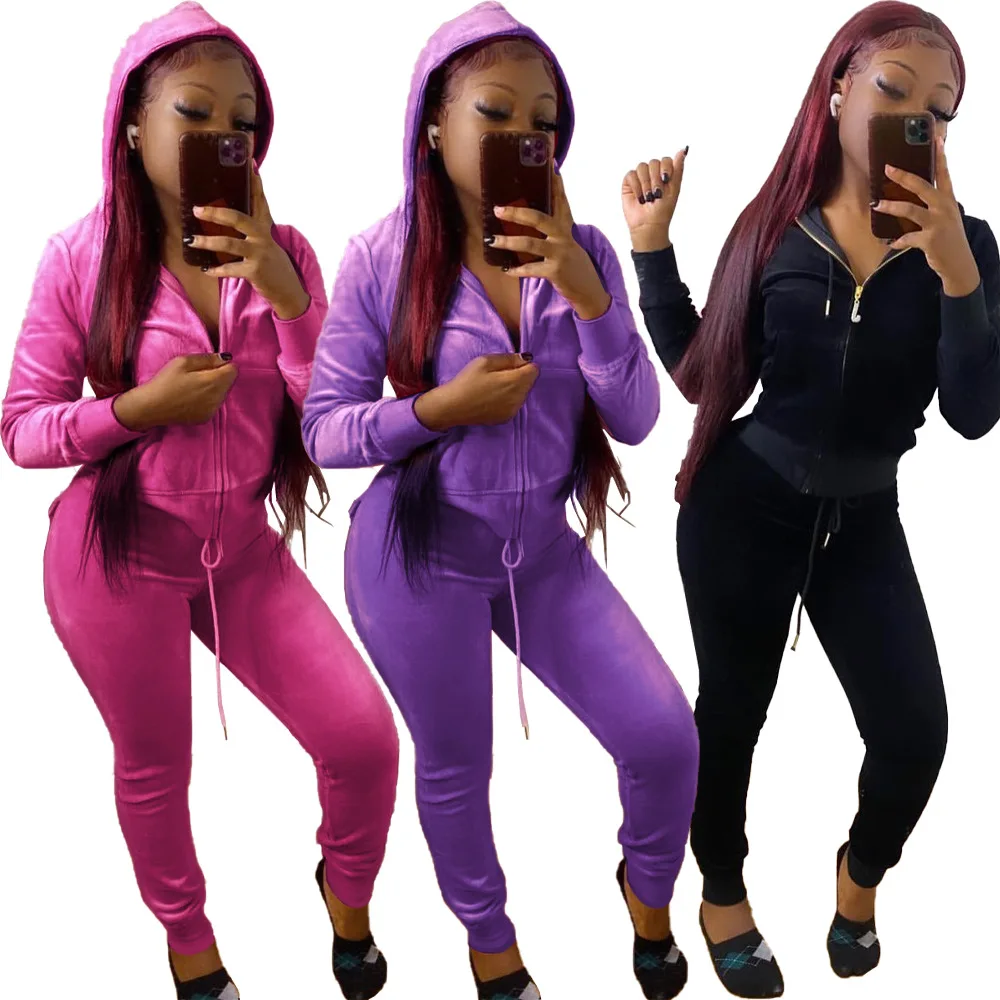

MD-2022 new101312 Crop Hooded 2 Piece Pants Jogger Set Coats Jackets Fall Sexy Velvet Velour Tracksuits Two Piece Pant Sweatsuit Sets