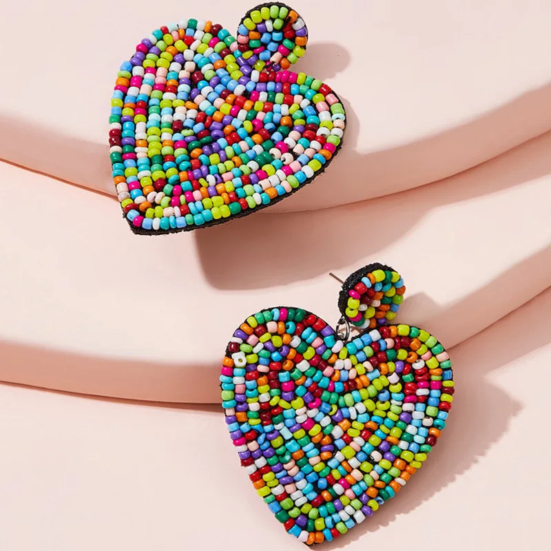 

New Arrival Boho Colorful Beaded Heart Drop Earrings Bohemian Seed Beads Square Earrings For Women Girls, Color