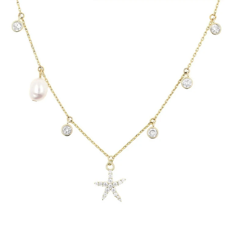 

14k Gold Plated Cubic Zirconia Korean Pearl Starfish Necklace Pendant