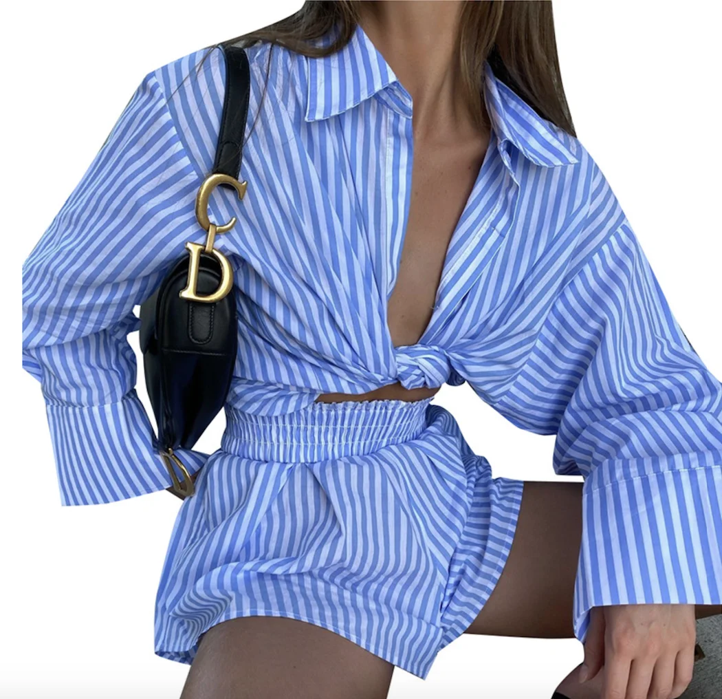 

2021 Sexy Casual Women Tracksuit Pink Plaid Shorts Lounge Wear Long Sleeve Shirt Tops High Waist Mini Shorts Two Piece Set, Blue,pink,yellow,khaki