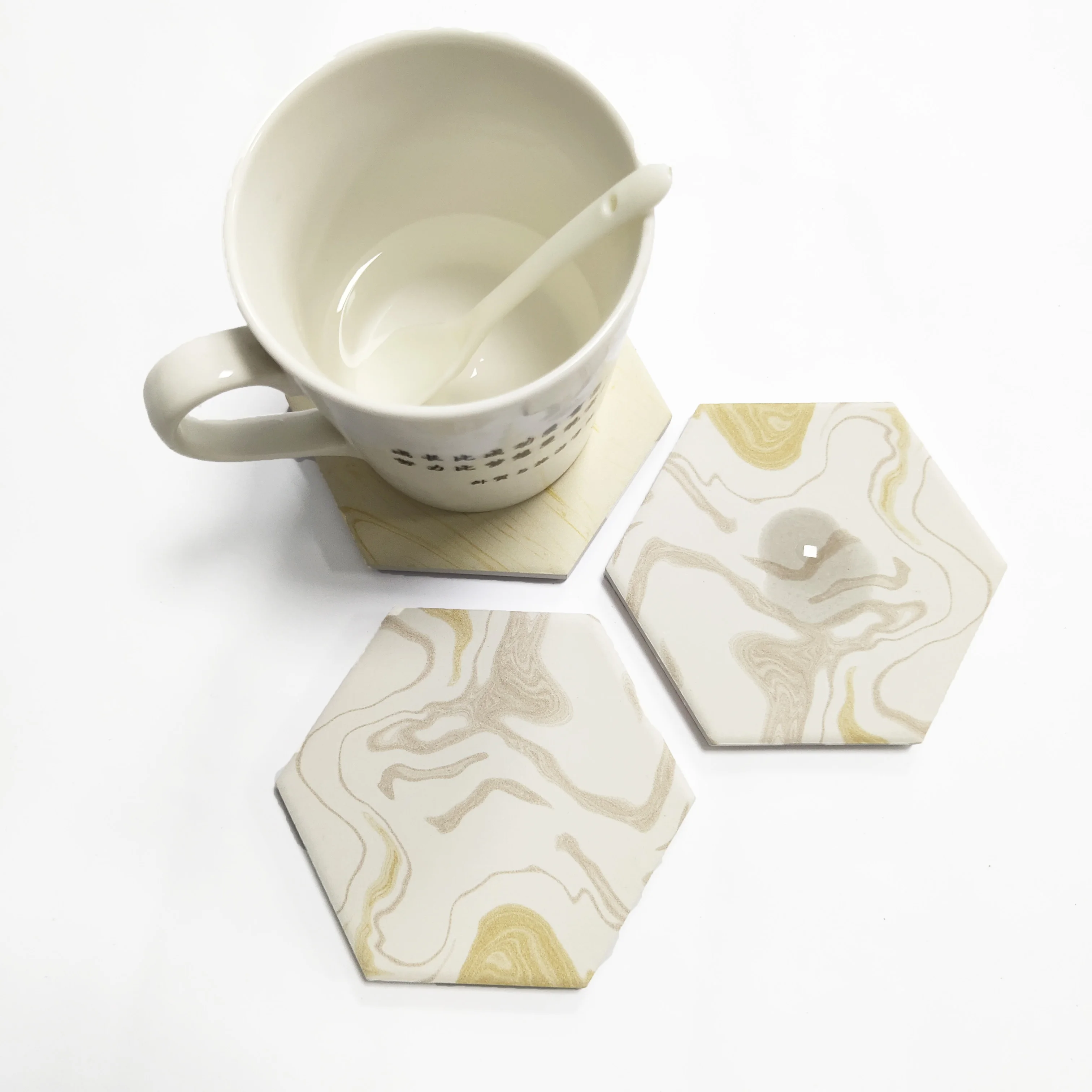 

Wholesales Custom Printing Hexagon White Marble And Gold Coasters With Cork