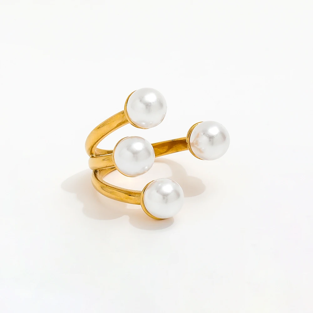 High End 18K Gold Plated Four Pearls Open Rings Stainless Steel Jewelry Trendy Finger Ring